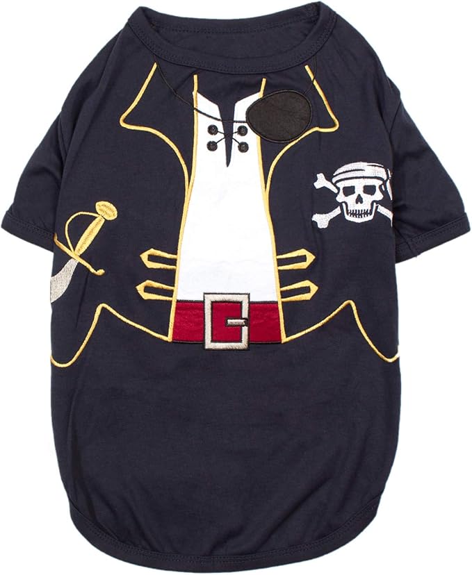 Parisian Pet Captain Sparrow Dog Costume - 100% Cotton Black Dog Clothes for Medium Dogs Boys - Lightweight Puppy Outfits - Funny Schitzu Clothes - Cute Pirate Pet Shirt - Stretchy T Shirt for Dogs