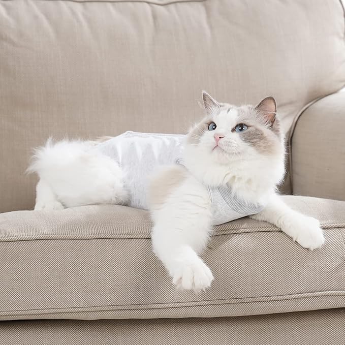 Cat Recovery Suit for Male and Female Surgical Post Surgery Soft Cone Onesie Shirt Clothes Neuter Licking Protective Diapers Outfit Cover Kitten Spay Collar(L, White)