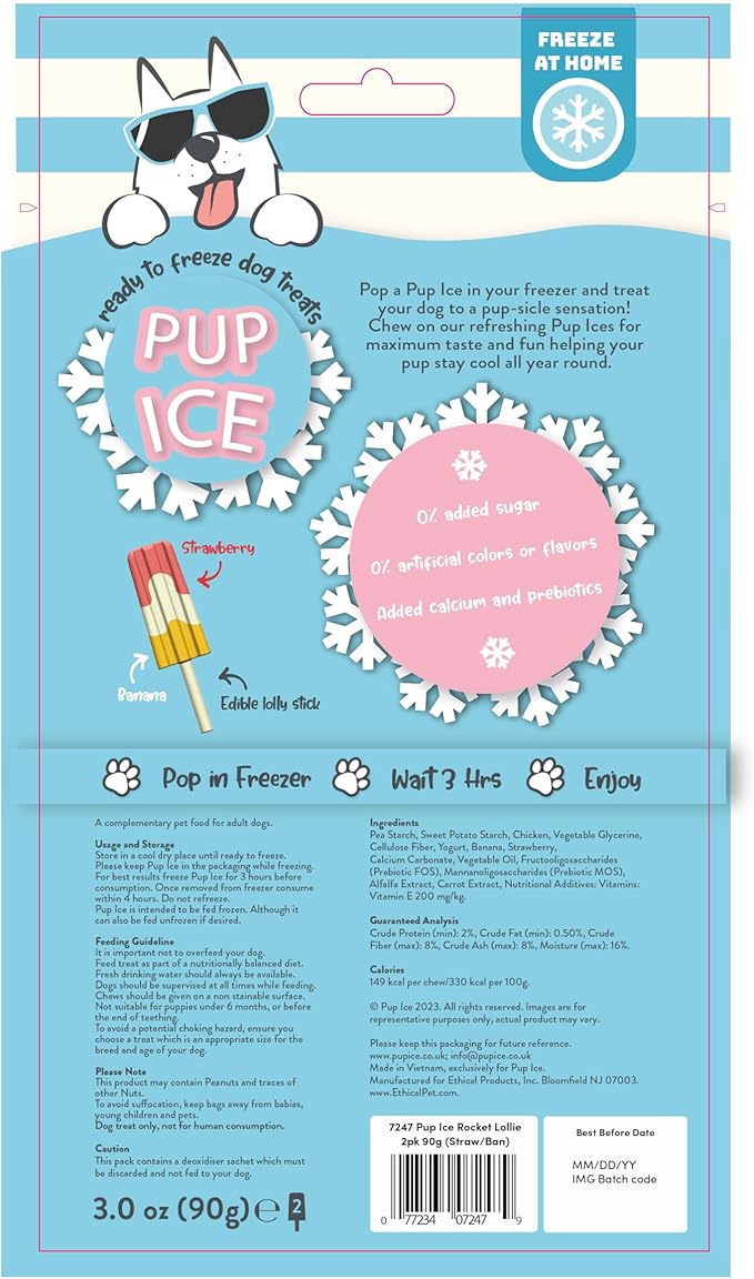 SPOT Pup Ice- Ready to Freeze at Home Dog Treats-Edible Chews for Medium Breed Dogs & Puppies with Real Chicken to Keep Your Pup Cool Year Round, Rocket Lollies Strawberry and Banana Flavor, 2pcs