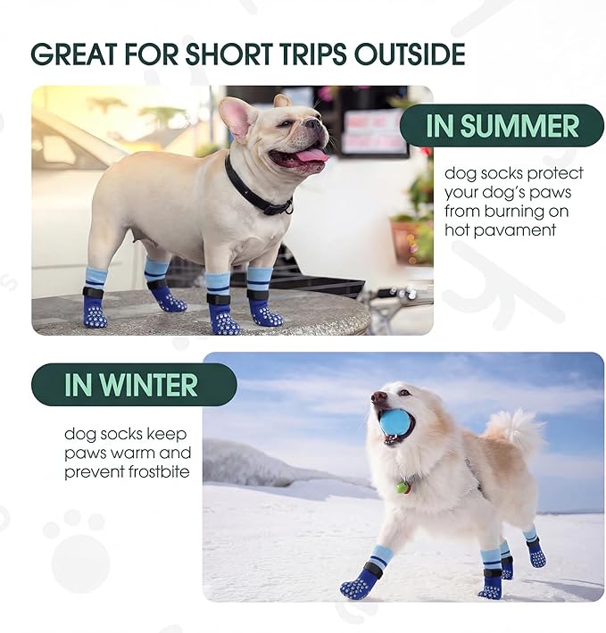 Kuoser Dog Socks, Non-Slip Dog Grip Sock for Hardwood Floors, No Twist Dog Boots & Paw Protectors 4 Pcs Anti-Scratch Hot Pavement Winter Snow Socks for Small Medium Large Senior Dogs, Blue L