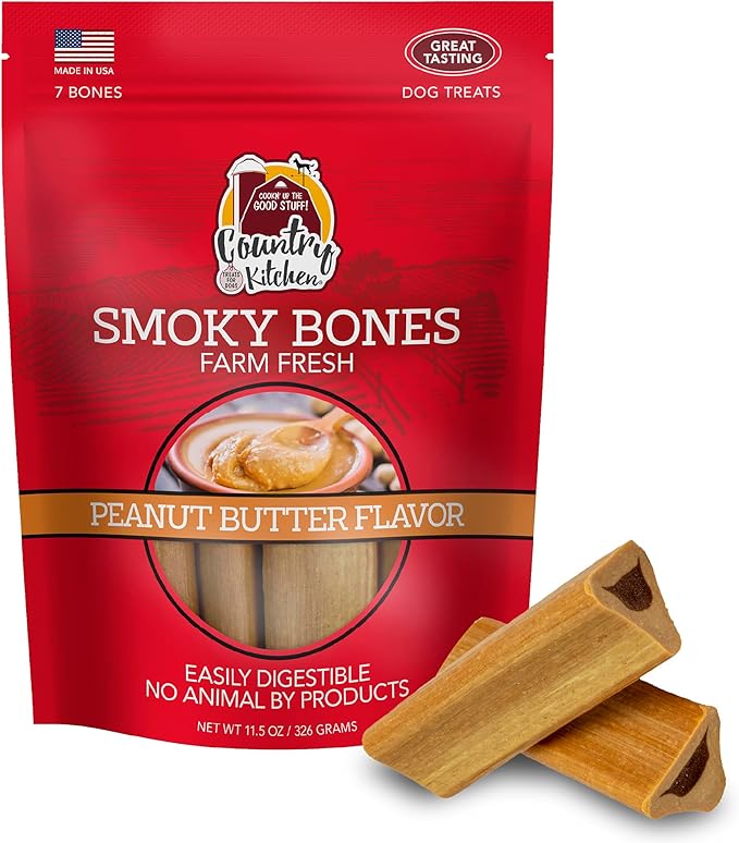 Country Kitchen Smoky Bones Peanut Butter Flavored Dog Treats, Long Lasting, Easy to Digest, Made in USA, 7 Count