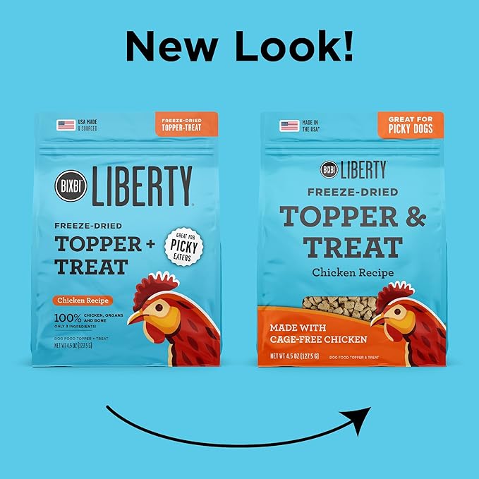 BIXBI Liberty Freeze Dried Dog Food Topper + Dog Treat, Chicken Recipe, 4.5 oz - 98% Meat and Organs - Pantry-Friendly Raw Treat or Food Topper - USA Made