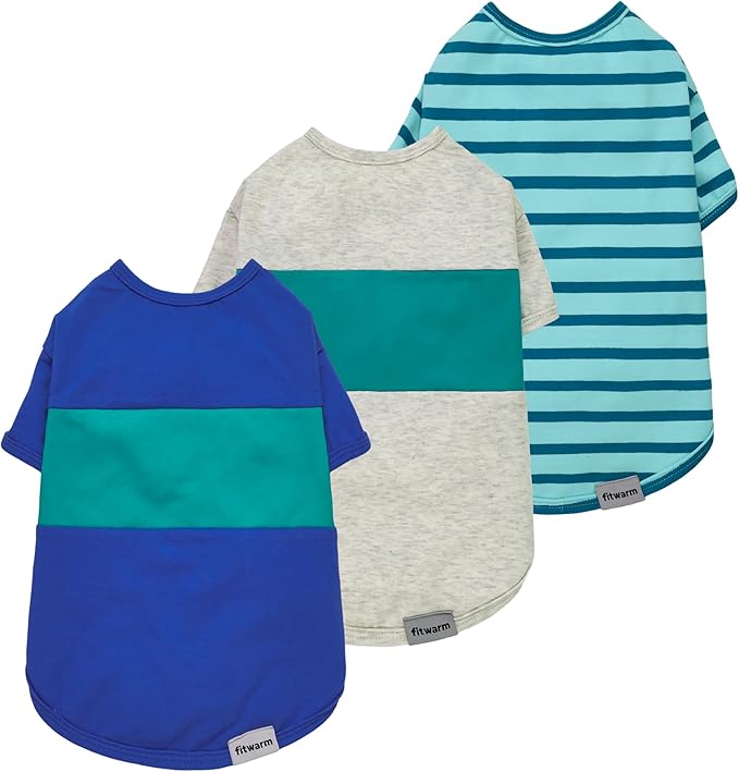 Fitwarm 3 Pack Color Block Striped Dog Shirt, Summer Dog Clothes for Small Dogs, Breathable Lightweight Pet Tshirt with Sleeves, Cat Outfit, Royal Blue, Gray, Teal, XL