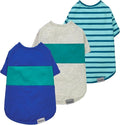 Fitwarm 3 Pack Color Block Striped Dog Shirt, Summer Dog Clothes for Small Dogs, Breathable Lightweight Pet Tshirt with Sleeves, Cat Outfit, Royal Blue, Gray, Teal, Large