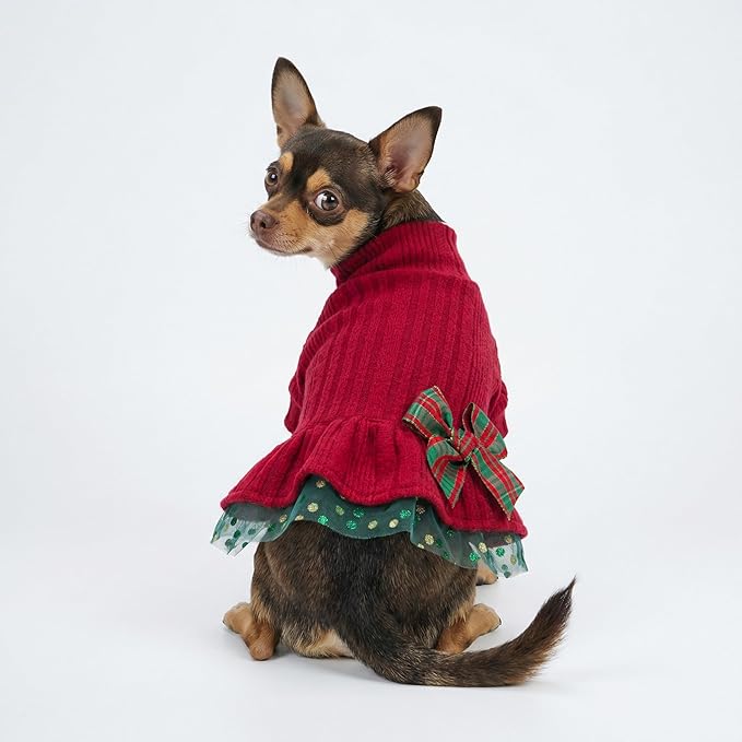 Fitwarm Knitted Dog Tulle Sweater Dress, Winter Clothes for Small Dogs, Female Pet Apparel, Red & Green, Medium