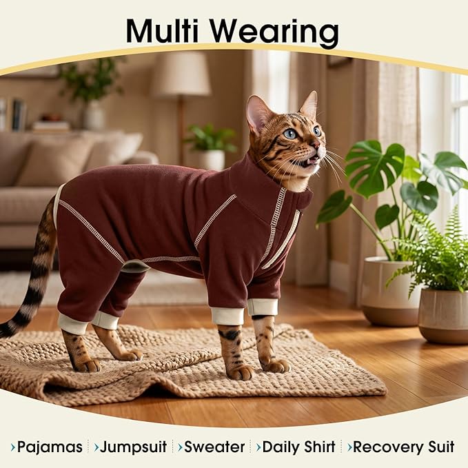 ROZKITCH Cat Cover to Stop Overgrooming, Cat Body Suit Long Leg Cover Back Legs Anti Scratch Clothing Onesie Pants Hairless Cat Pajamas Brown XL