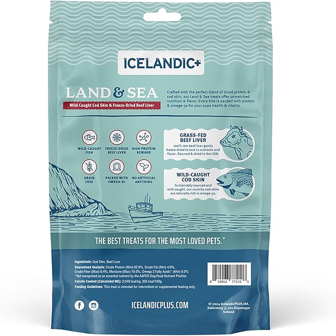 Icelandic+ Land & Sea: Wild Caught Cod Skin & Freeze-Dried Beef Liver - 2.4oz Bag, Dog Treat & Food Topper, 2 Ingredients, No Preservatives, Natural (Pack of 2)