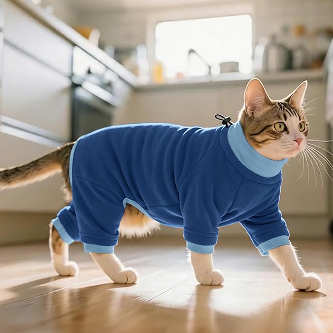 PUMYPOREITY Cat Hair Sticky Sweater, Recovery Suit - Breathable & Lightweight for Post-Surgery Protection, Cat Onsie Prevents Licking Wounds, Blue, XL