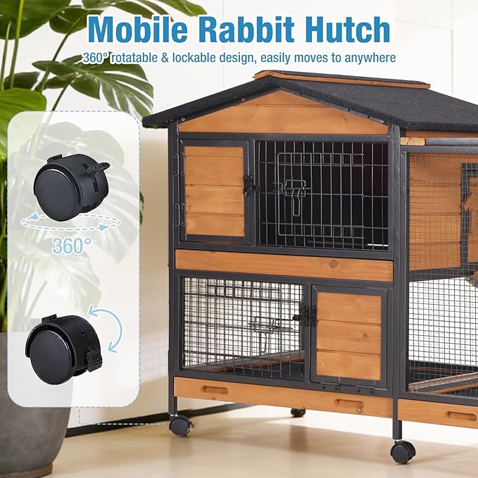 Rabbit Hutch Indoor, 62’’ Bunny Hutch Outdoor with All-Around Metal Frame, Mobile Rabbit House with Wheels, Wooden Bunny Cage with Leakproof Tray, Chew-Proof Ramp for Guinea Pig(Orange)
