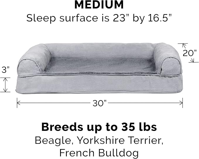 Furhaven Memory Foam Dog Bed for Medium/Small Dogs w/ Removable Bolsters & Washable Cover, For Dogs Up to 35 lbs - Plush & Suede Sofa - Gray, Medium
