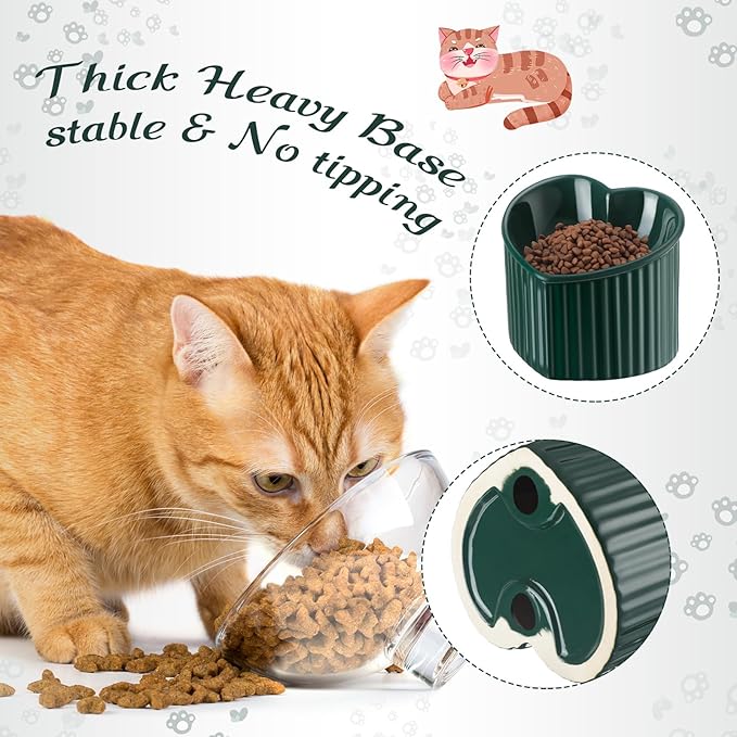 Mumufy 2 Pcs Ceramic Elevated Cat Bowls Tilted Elevated Raised Pet Bowls Anti Vomit Cat Dish for Indoor Stress Free Water Dish Feeder for Puppies, Heart Shaped(Peacock Green)