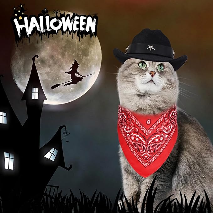 GOYOSWA Cat Cowboy Costume, Cat Halloween Costumes Funny Pet Cowboy Hat and Bandana Set for Cats Kittens Pets (Black)