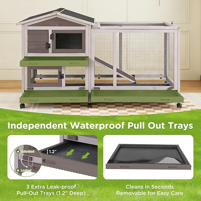 Gutinneen Large Indoor Rabbit Hutch Bunny Cage with Chew-Proof Ramp, Locking Leak-Proof Trays - Outdoor 62" Wooden Rabbit Cage with 6 Wheels for Rabbits, Guinea Pigs, Small Animals (Brown)