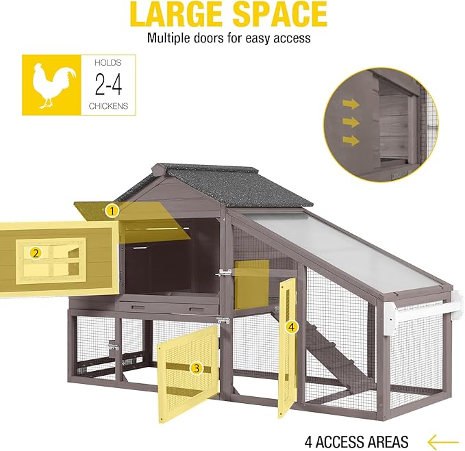 Wooden Chicken Coop, Large Chicken Tractor with Wheels, Weatherproof Hen House with Nest Box and Removable Tray, Mobile Poultry Hutch for 2-4 Chickens, Rabbits & Ducks (Brown)