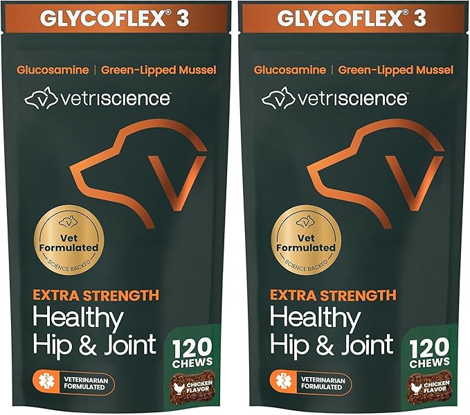 VetriScience Extra Strength Healthy Hip&Joint Chews,GlycoFlex 3,Glucosamine,Green-Lipped Mussel,Joint Support Supplement for Dogs,Promote Mobility&Soothe-Joint Discomfort,Chicken,120 Count (Pack of 2)