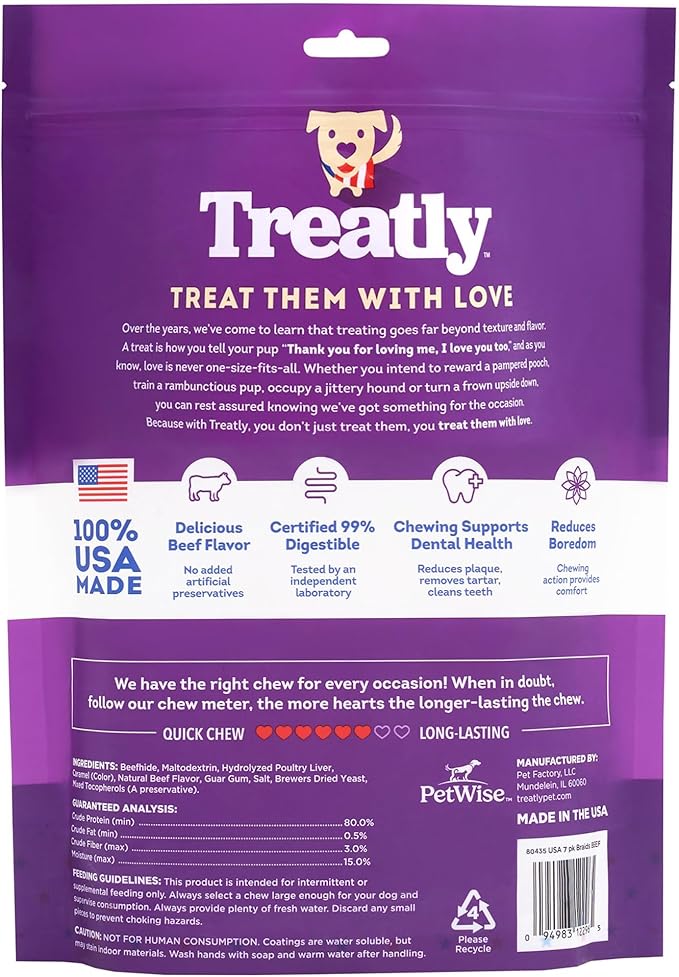 USA Beefhide Braids 7-8" Dog Chew Treats - Beef Flavor, 7 Count/2 Pack