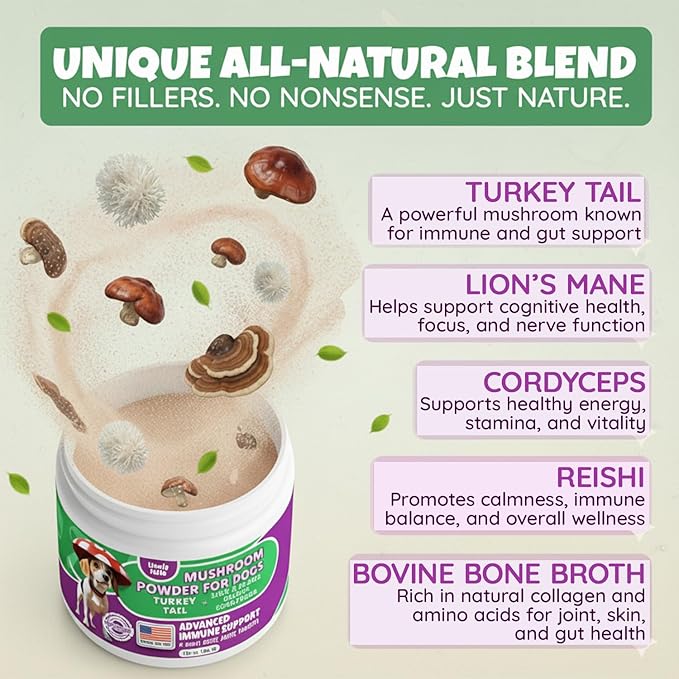 All-Natural Mushroom Powder for Dogs for Immunity, Cognition, Longevity, Bumps, and Lumps Support, Turkey Tail Mushroom for Dogs with Lion’s Mane, Reishi & Cordyceps, 4.25 oz Jar