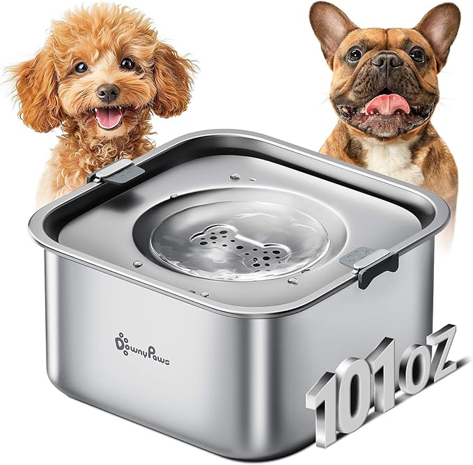 DownyPaws No Spill Water Bowl for Dogs,101oz/3L Stainless Steel Slobber Stopper, No Drip Slow Drinking Dog Water Bowl, No Mess Dog Water Dispenser Spill Proof, Dishwasher Safe, Silver