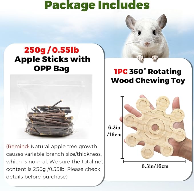 Rotating Chinchilla Chew Toys for Teeth and 250g(0.55lb) Organic Apple Sticks, Natural Wooden Chinchilla Cage Accessories Enrichement for Playtime Puzzle, Chinchillas Treats Molar Wood
