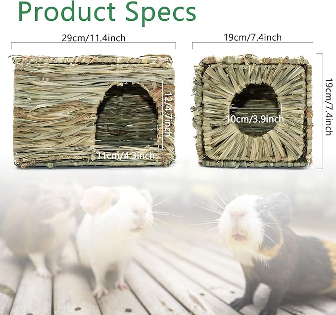 BWOGUE Large Grass House for Guinea Pigs,Hand Woven Straw Hut Foldable Small Animal Play Hideaway Bed with Double Openings Playhouse for Bunny Guinea Pig Chinchilla Ferret