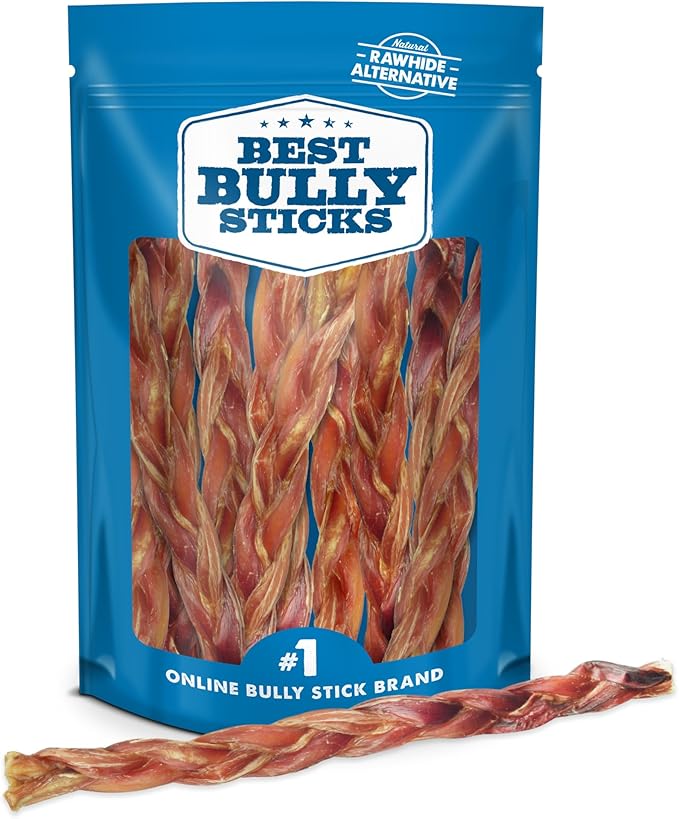 Best Bully Sticks Natural XL Braided Bully Sticks for Large Dogs - 12 Inch, 10 Count (Pack of 1) - 100% Free-Range Grass-Fed Beef, Single-Ingredient, Grain and Rawhide Free Long Lasting Dog Chews
