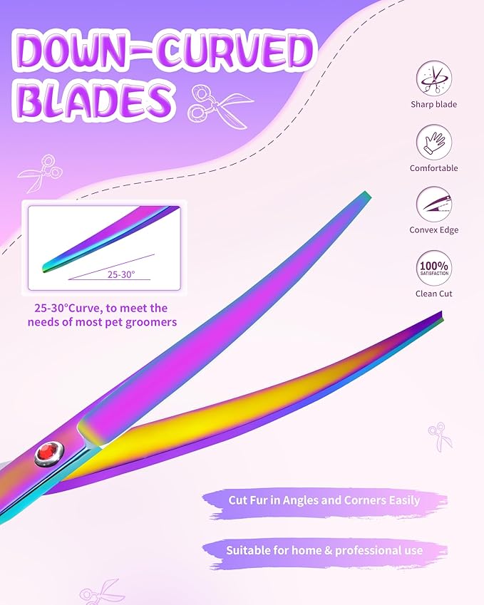 7.3" Dog Grooming Scissor - Professional Down-curved Shear with Ergonomic Handle Stainless Steel Hair Shears for Dogs, Cats and Other Pets - Pet Hair Trimming Scissor(Curved, Iridescent)