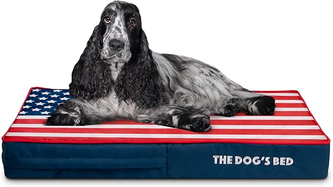 The Dog’s Bed Orthopedic Memory Foam Dog Bed for Medium Dogs, Waterproof Washable Cover, Anti-Slip Base, Calming Surface – CertiPUR-Certified Foam, Blue with Red Trim USA Center Flag, 4 Inch Thick