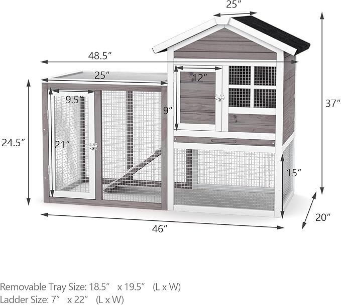 PETSITE Rabbit Hutch, 48.5" Wooden Chicken Coop with Roof & Tray, Bunny Cage Indoor Outdoor, Guinea Pig Pet House for Small Animals, Grey