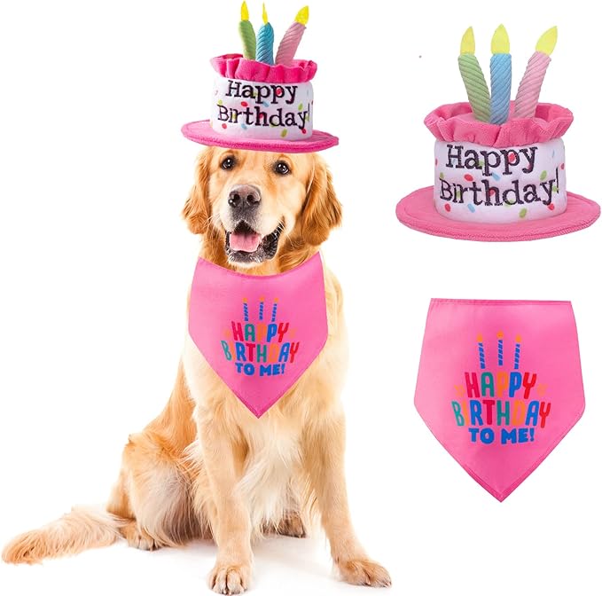 Extral Large Dog Birthday Cake Hat & Bandana Scarfs Set Pink, Dog Happy Birthday Hat with Colorful Candles, Large Dogs Birthday Party Supplies Decorations