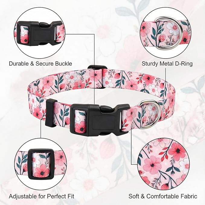 Floral Dog Collar, Adjustable Soft Nylon Pet Collar for Small Medium Large Dogs, Cute Flower Pattern Dog Collar for Girl Boy Dogs(Blush Vine,S)