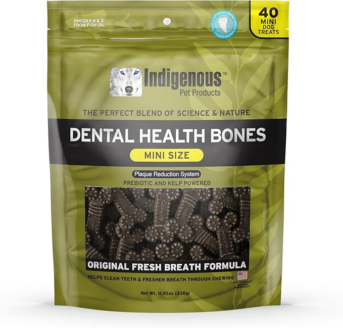 Indigenous Pet Dental Health Bones Mini – Original Fresh Breath (11.92 Ounce) | Grain-Free Dog Chews with Prebiotics & Omegas | Freshens Breath, Supports Digestive, Skin & Coat Health |