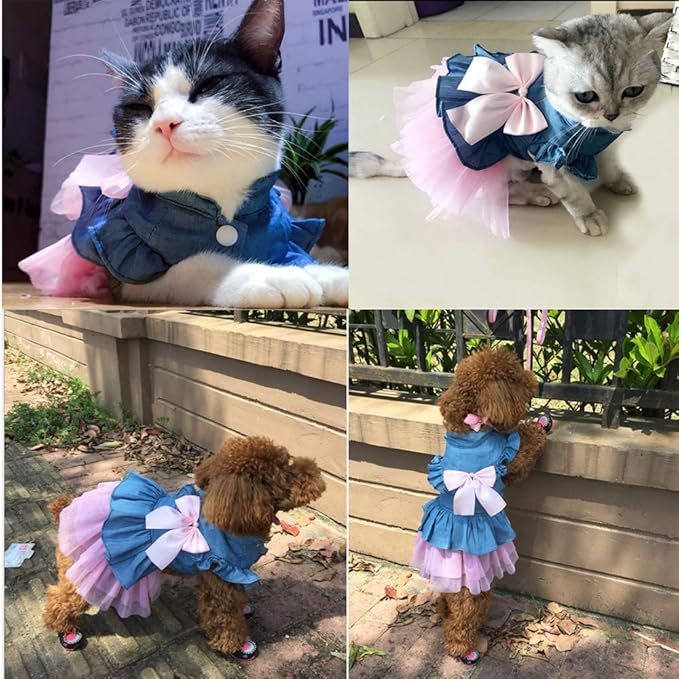 ANIAC Pet Denim Dress with Cute Bow-Knot Comfy Vest Skirt Lace Trim Tutu Summer Spring Clothes for Cats and Small Dogs (XX-Large)