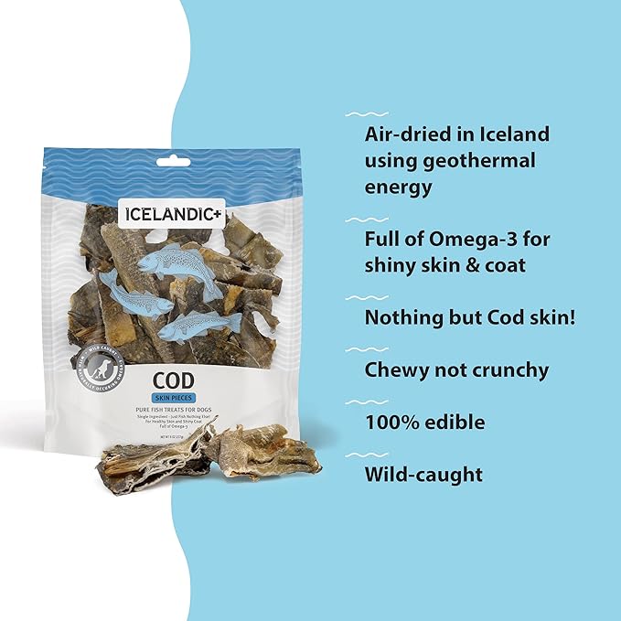 Icelandic+ Cod Skin Pieces - 8oz Bag - Pure Fish Dog Treats, Wild- Caught & Air-Dried, Single Ingredient Snacks, Pet Chews, Just The Fish Nothing Else
