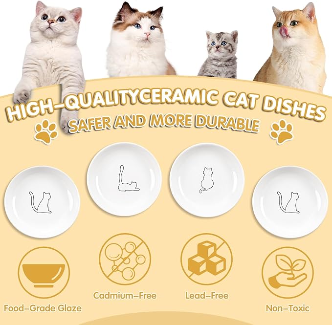 6 Pack Cat Food Bowl, Ceramic Cat Bowls, Anti Whisker Fatigue Cats Bowl Set,5.5 Inches Shallow Wide Kitten Plates for Food and Water (White-B)