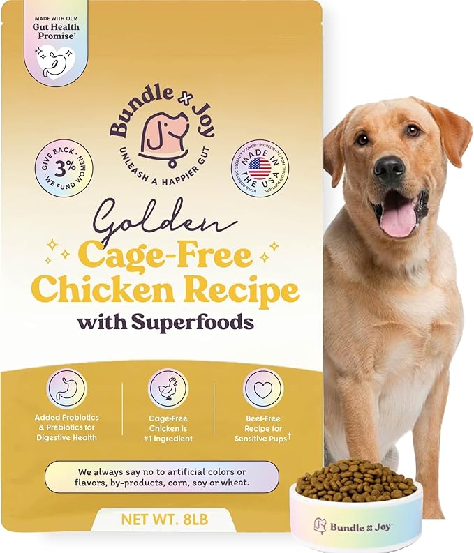 Bundle x Joy Golden Probiotic Dog Food Dry, Chicken, 8lb Bag, Allergy and Gut-Friendly Adult Kibble for Digestive Health with Cage-Free Chicken, 20 Plant Based Superfoods, Beef and Grain Free