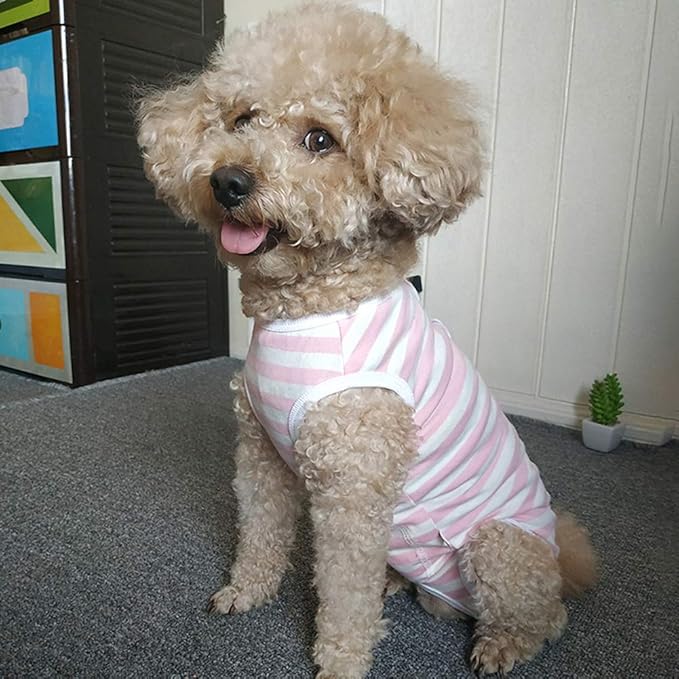 Dog’s Recovery Suit Post Surgery Shirt for Puppy, Wound Protective Clothes for Little Animals(Pink White Stripe-xs)