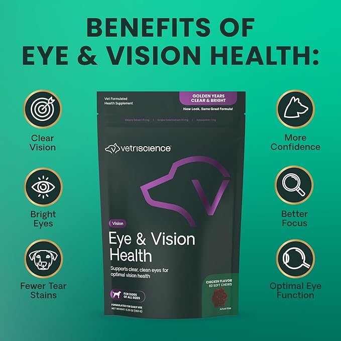 VetriScience Eye & Vision Health Chews for Dogs, Astaxanthin and Bilberry Extract, Eye Vitamins and Antioxidants, Prevent Tear Stains, Chicken, 60 Count