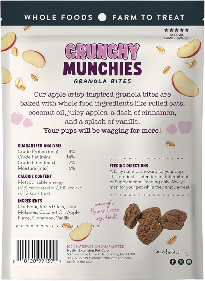 Health Extension Crunchy Munchies Granola Bites Appley Crisp Flavor, Natural Limited Ingredient Dog Treats with Rolled Oats & Coconut Oil, Made in The USA (5oz Bag)