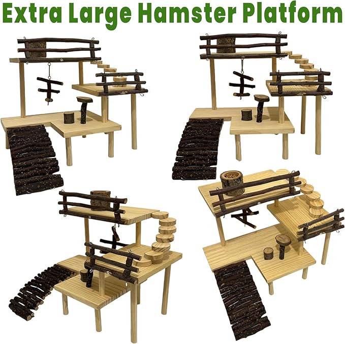 3-Tier Extra Large Wooden Hamster Playground Hamster Climbing Toys Gerbil Platform Small Animals Exercise Activity Set with Ladder for Dwarf Hamsters Mouse Gerbils Rats