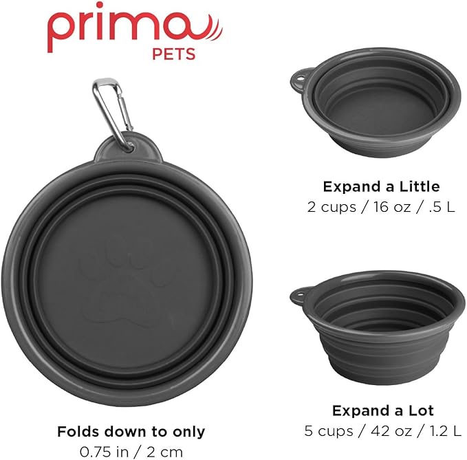 Collapsible Silicone Water Travel Bowl with Clip for Dog and Cat, Portable and Durable Pop-up Feeder for Convenient On-The-go Feeding – Size: Large (5 Cups) Grey – 2 Pack