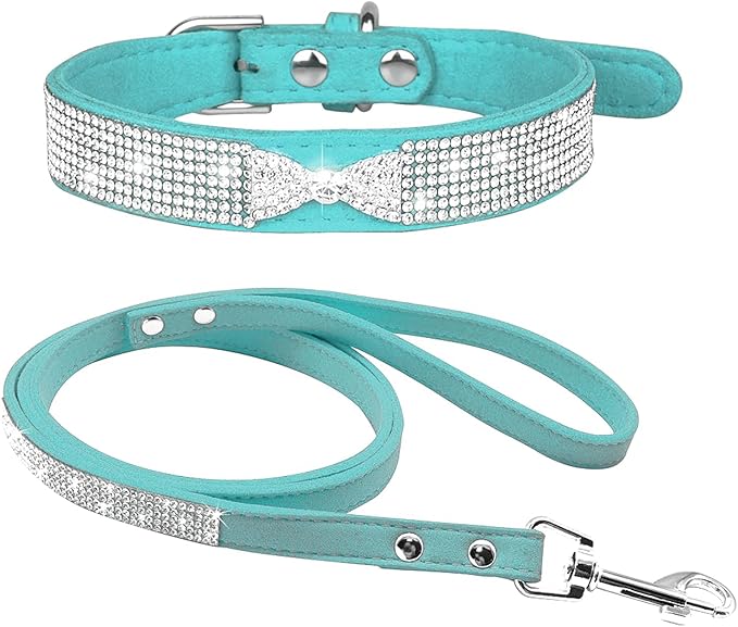 Cute Dazzling Sparkling Elegant Fancy Soft Suede Leather Bling Rhinestone Crystal Jeweled Pet Cat Dog Puppy Collar Dog Leash Combo Set (S, Blue-4)