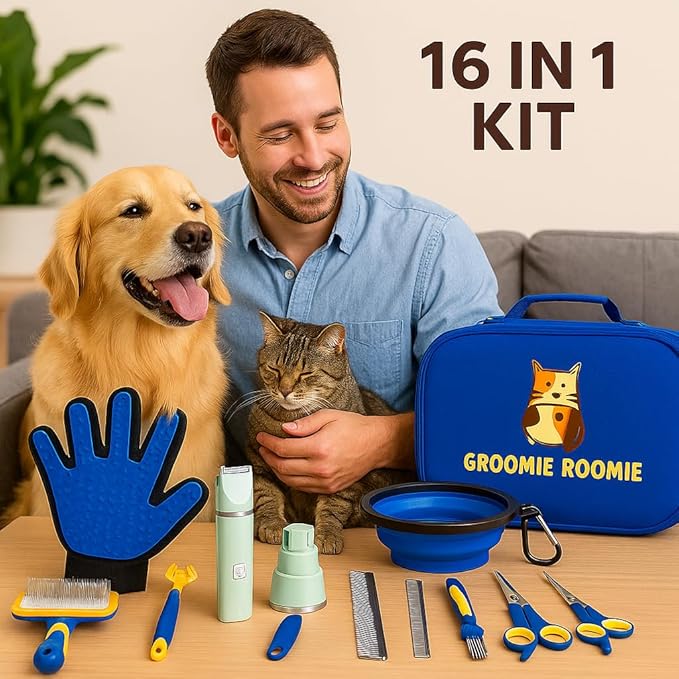 Deluxe 16-Piece Pet Grooming Kit with Carry Bag -Kit for Dogs & Cats – Quiet Clippers, Nail Grinder & Brushes