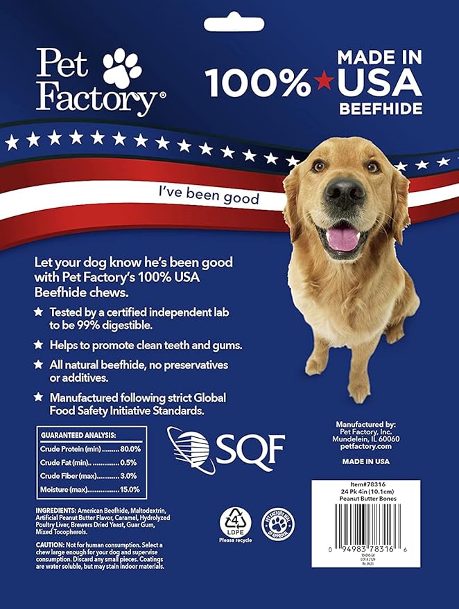Pet Factory 100% Made in USA Beefhide 4" Knotted Bones Dog Chew Treats - Peanut Butter Flavor, 24 Count/1 Pack