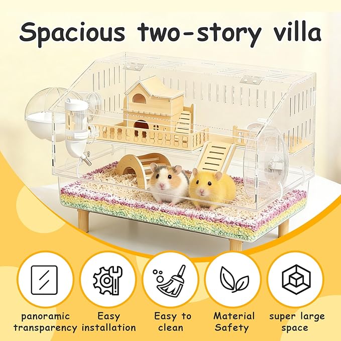 8 in 1 Acrylic Hamster Cage, 2-Tier Gerbil Hamster House, Mouse Syrian Cages, Large Critter Nation Cage with Accessories, Clear Jaula para Used for Dwarf, Bucatstate, Pet Mice (18.5"x11.81"x14.56")