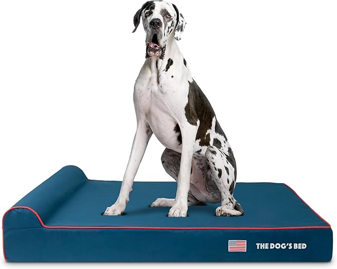The Dog’s Bed Orthopedic Memory Foam Dog Bed with Headrest, Calming Surface – CertiPUR-Certified Foam, Oxford Fabric, Blue with Red Trim USA Flag, XXL, 6-Inch