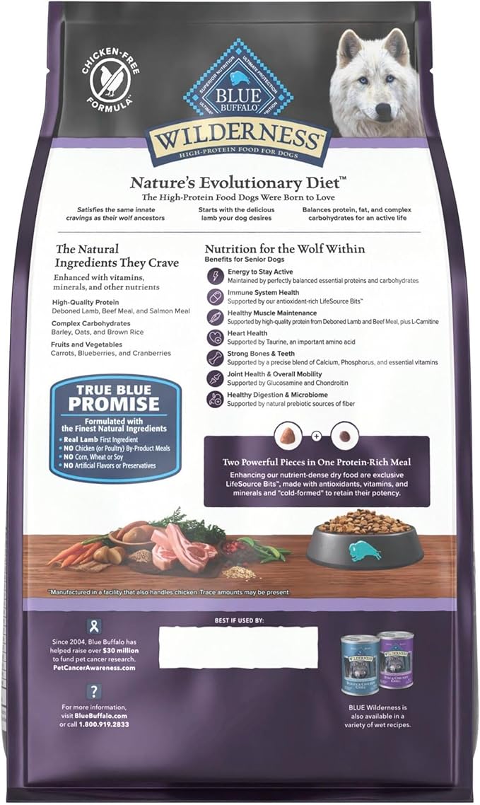 Blue Buffalo Wilderness 31 g Protein, Meat Rich Natural Dry Senior Dog Food, Lamb, Chicken-Free Formula, 4.5lb Bag