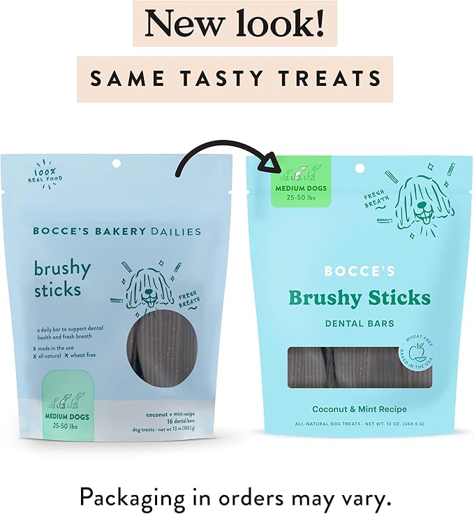 Bocce's Bakery Dailies Brushy Sticks to Support Oral Health & Fresh Breath, Wheat-Free Dental Bars for Dogs, Made with Real Ingredients, Baked in The USA, Natural Coconut & Mint, Medium Dogs