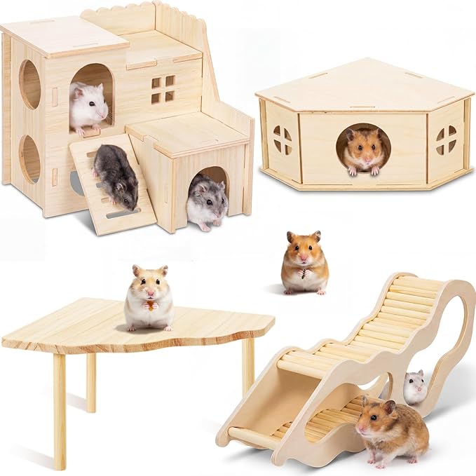 BreezeHug 4 Pcs Hamster Platform Hideout Wooden Tunnel Ladder Playhouse Hamster Game Climbing Toy with Platform Cage Accessories for Small Pets Dwarf Syrian Mice Degus Gerbils Squirrel(Spy Villa)