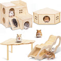 BreezeHug 4 Pcs Hamster Platform Hideout Wooden Tunnel Ladder Playhouse Hamster Game Climbing Toy with Platform Cage Accessories for Small Pets Dwarf Syrian Mice Degus Gerbils Squirrel(Spy Villa)