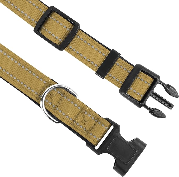 Reflective Dog Collar, Adjustable Soft Neoprene Padded Nylon Pet Collars with Buckle for Medium Dogs, Khaki,M